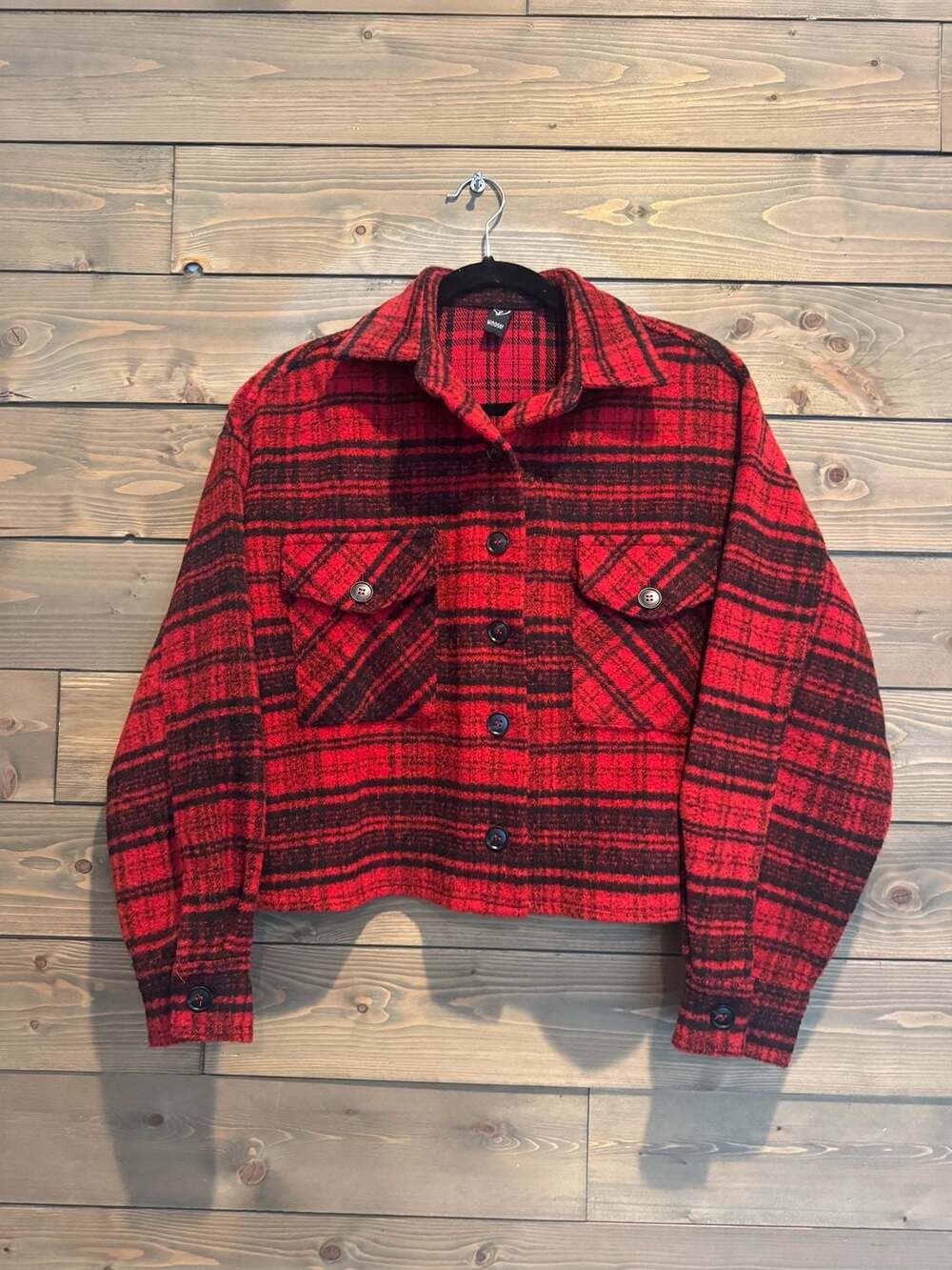 Windsor Red and Black Plaid Button Front Cropped Jacket Shacket Size S